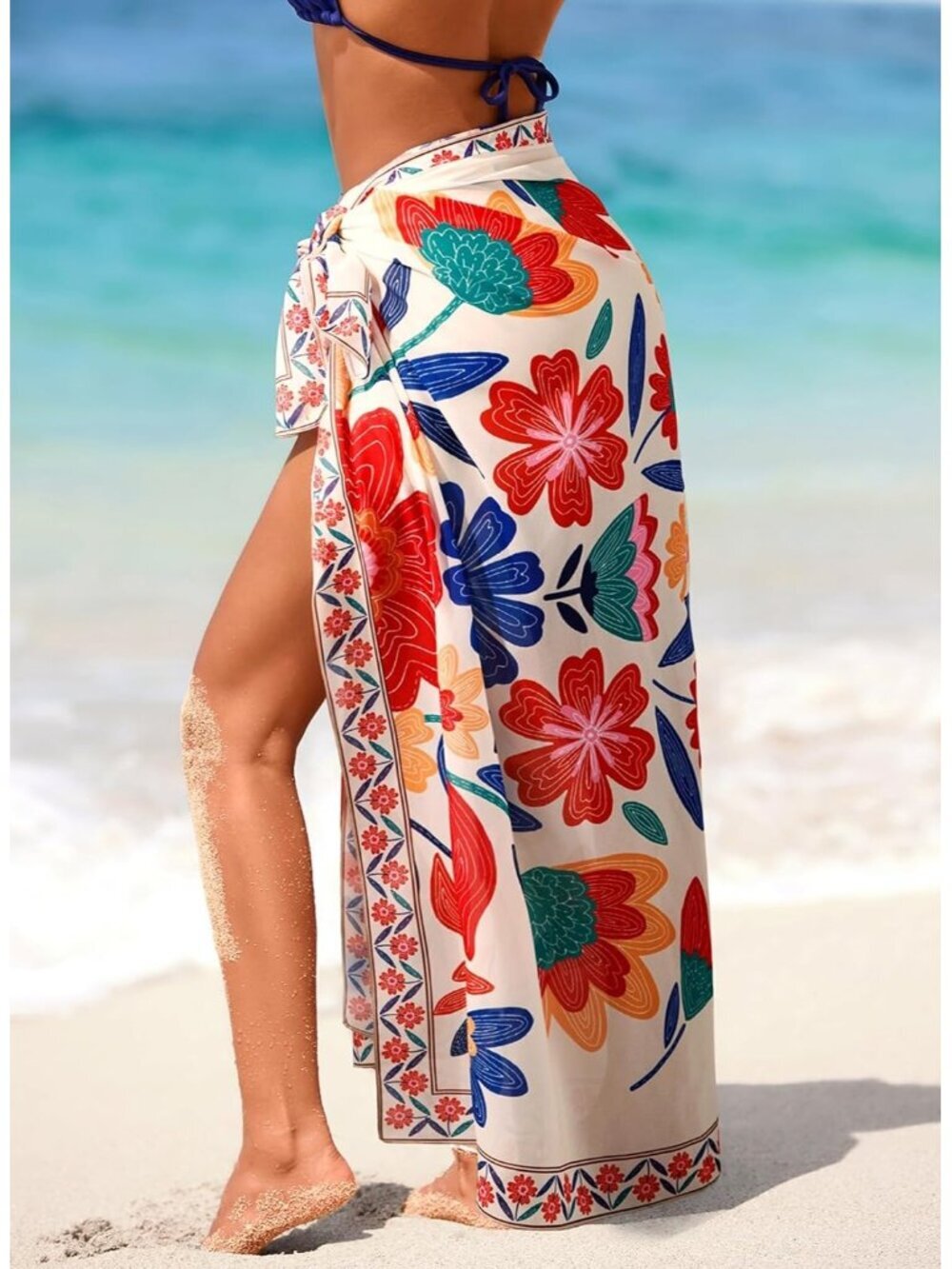 Women's Multicolor Swimsuit High Slit Summer Floral Print Chiffon Wrap Beach - Picture 3 of 6